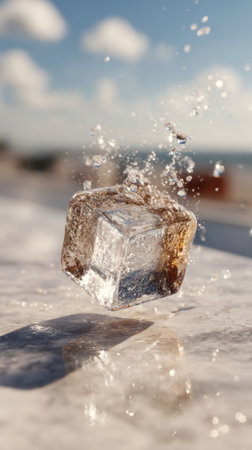 Ice cube with water drops on the background of the sea and skyの素材