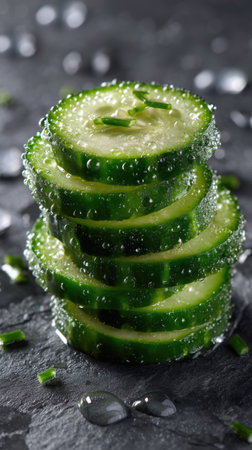 Sliced cucumber with water drops on a dark background.の素材