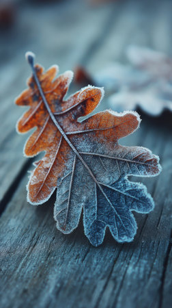 Frosted oak leaves on wooden background, shallow depth of fieldの素材
