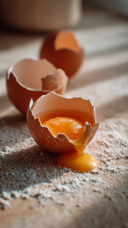 Broken eggshell and yolk on the table, selective focusの素材
