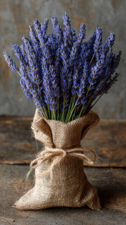 Bouquet of lavender flowers in a burlap bag on a wooden backgroundの素材