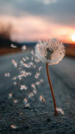 Dandelion on the road at sunset. Dandelion seeds blowing in the wind.の素材