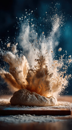 Raw dough and flour on a wooden table. Bakery background.の素材