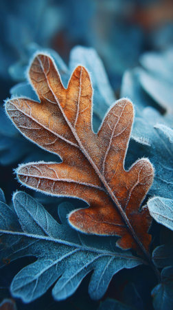 Frosted oak leaves in winter. Shallow depth of field.の素材