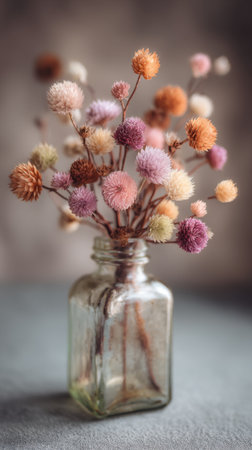 Bouquet of dried flowers in a glass jar on a gray backgroundの素材