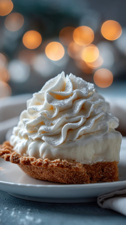 Cake with whipped cream on a plate with a Christmas tree in the backgroundの素材