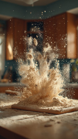 Wheat flour splashing out of a wooden table in the kitchenの素材