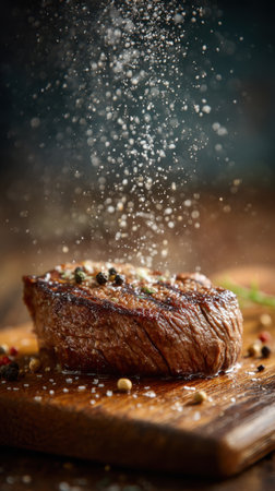 Grilled beef steak with spices on a wooden board. Selective focus.の素材