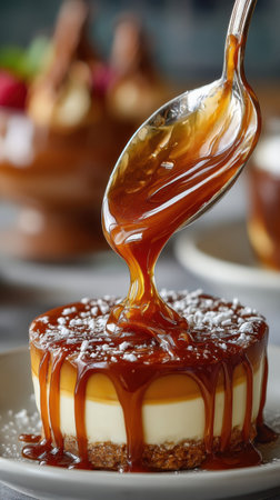 Pouring caramel on caramel cake, food closeup, selective focusの素材