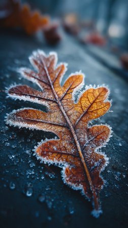 Frosted oak leaf on a wooden table. Selective focus.の素材