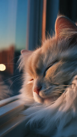 Cute cat sleeping on the window sill at sunset, close upの素材