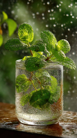 Mint in a glass with water drops on a dark background.の素材