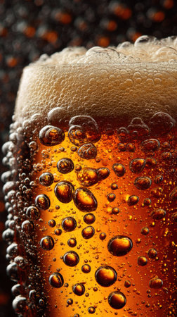 Close up of beer with bubbles in a glass on a dark backgroundの素材