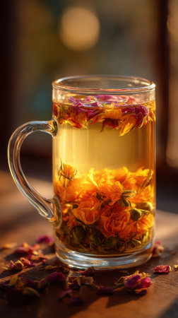 Glass cup of herbal tea with dried flowers on wooden table, selective focusの素材