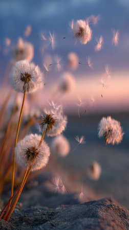Dandelion seeds blowing in the wind on a sunset background.の素材