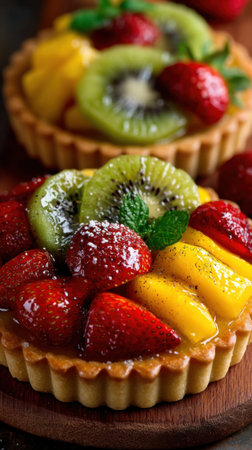 Fruit tart with kiwi, strawberry and mango on a wooden background.の素材