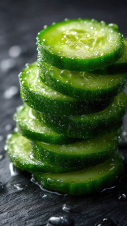 sliced cucumber on a dark stone background. tinting. selective focusの素材
