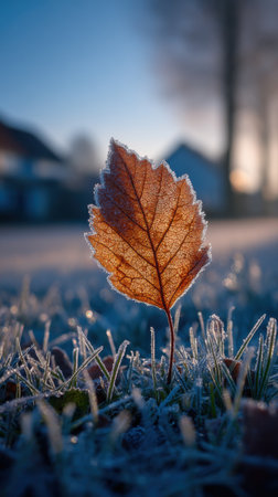 Frosted autumn leaf in front of a house on a frosty morningの素材