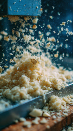 Carpentry, woodworking, woodworking and woodworking concept - close up of carpenters hand working on woodworking machineの素材