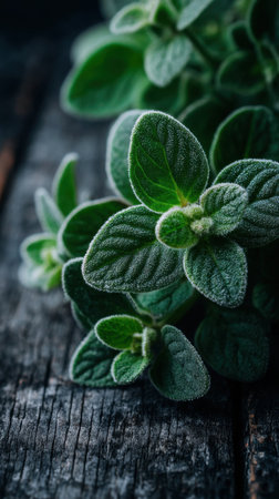 Fresh oregano leaves on rustic wooden background, selective focusの素材