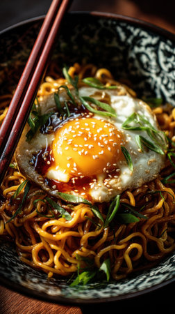 chinese noodles with fried egg and sesame seeds on wooden tableの素材