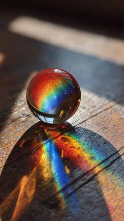 crystal ball on a wooden table with sun rays in the backgroundの素材