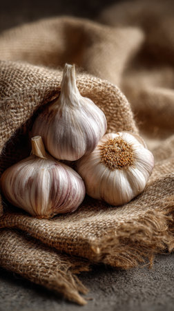 Garlic bulbs on sackcloth, rustic style, selective focusの素材
