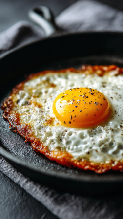Fried egg in a frying pan on a dark background. tinting. selective focusの素材