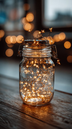 Christmas lights in a glass jar on a wooden table with bokeh backgroundの素材