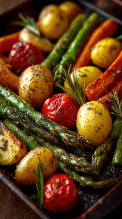 Baked vegetables with asparagus, potatoes and cherry tomatoes.の素材