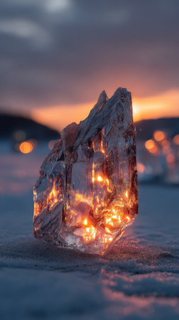 Ice cube on the snow at sunset. Beautiful winter landscape with frozen lake.の素材
