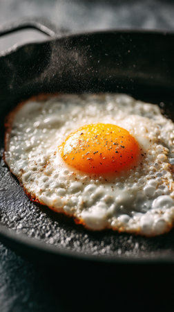 Fried egg in a frying pan on a dark background, close-upの素材