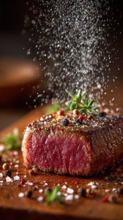 Steak with spices and herbs on wooden board. Selective focusの素材