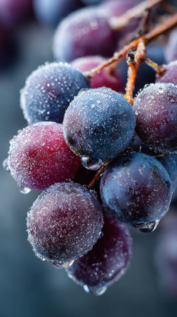 Close up of frozen red grapes with water drops on black background.の素材