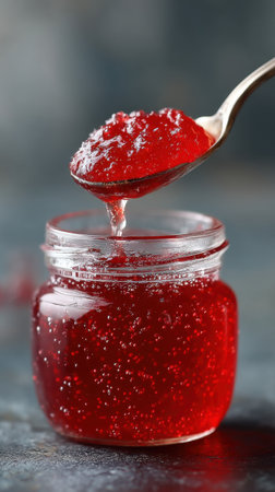 Delicious strawberry jam in glass jar on grey table, closeupの素材