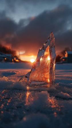 Ice floe in the snow at sunset. Beautiful winter landscape.の素材