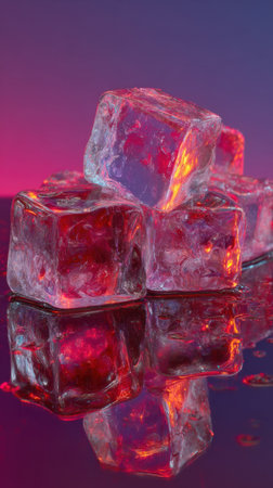 Ice cubes on a reflective surface with a gradient purple and blue backgroundの素材