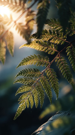 Fern leaves at sunrise in the forest. Natural green background.の素材
