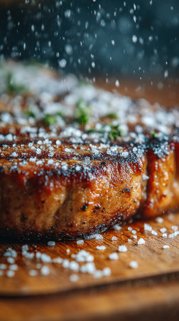 Grilled beef steak on a wooden board, close-up.の素材