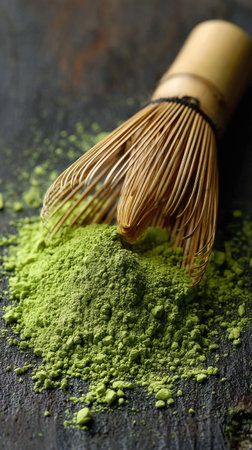 Matcha green tea powder with bamboo whisk on rustic wooden backgroundの素材