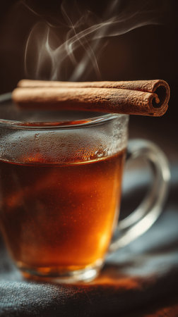 Cup of hot tea with cinnamon sticks on a dark background.の素材