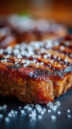 grilled pork ribs with salt on a black background, selective focusの素材