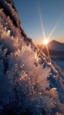 Frosty natural background. Winter landscape. Sunset over the mountains.の素材