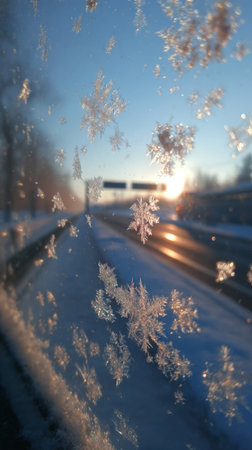 snowflakes on the road in winter in the rays of the setting sunの素材