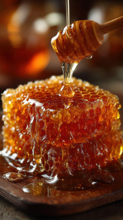 Honey dripping from a wooden honey dipper on a wooden backgroundの素材