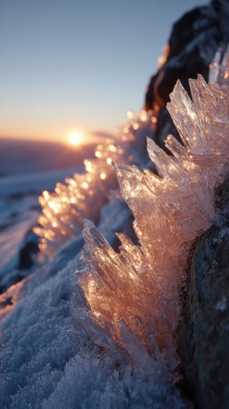 Ice crystals on the rocks at sunset. Beautiful winter landscape. Close-up.の素材