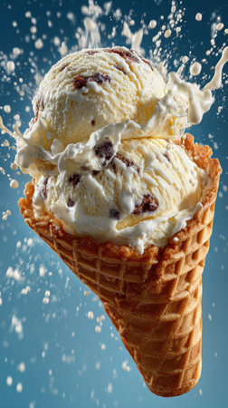 Ice cream in a waffle cone with splashes on blue backgroundの素材