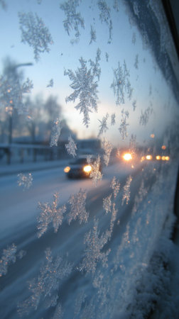 Snowflakes on the car window in the winter. Blurred background.の素材