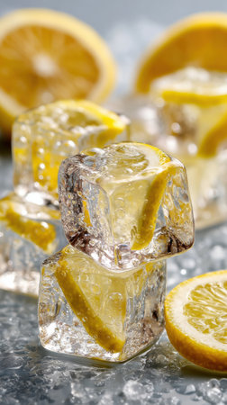 Ice cubes with lemon slices and ice cubes on gray background, closeupの素材