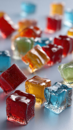 Colorful candies in glass on blue background. Close up.の素材